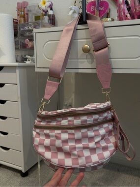Pink Checker Crossbody Bag with Adjustable Strap